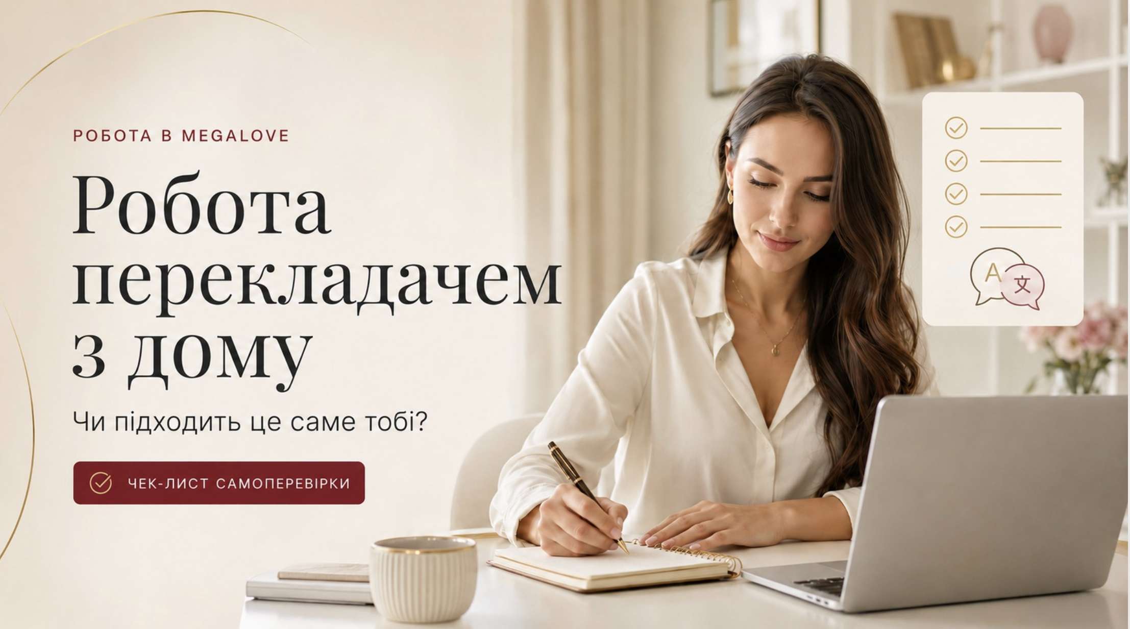 Дівчина працює перекладачем з дому за ноутбуком і заповнює чек-лист самоперевірки для вакансії в MegaLove.