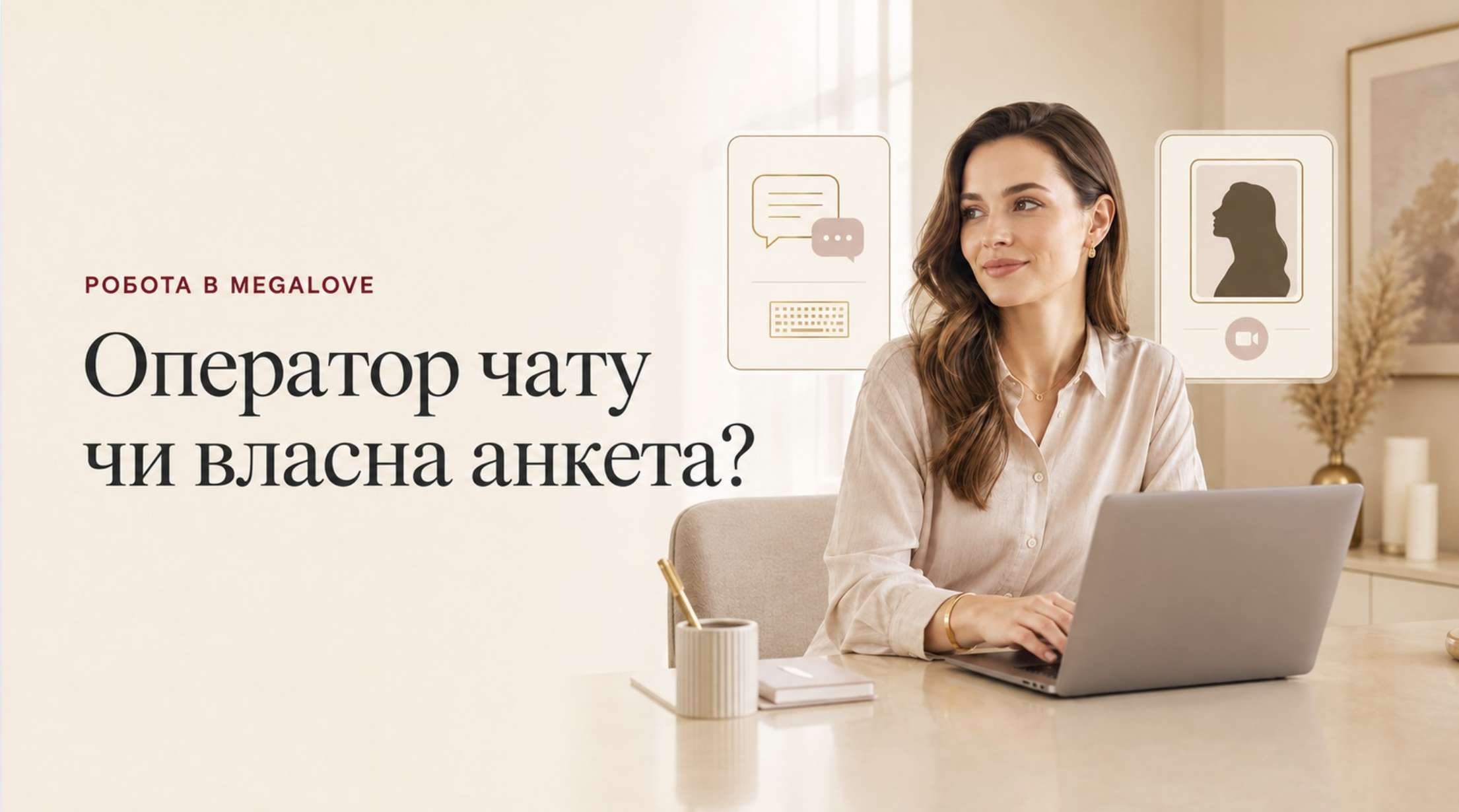 Порівняння двох форматів MegaLove: операторка працює за ноутбуком, а власниця анкети особисто спілкується у відеочаті.