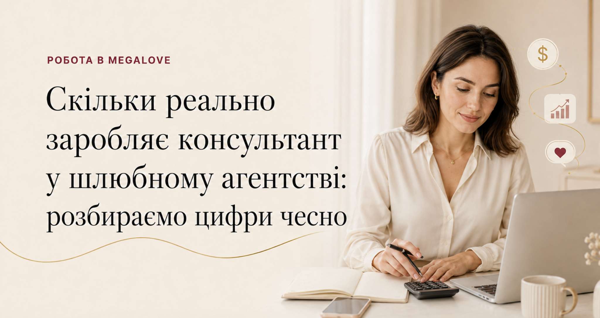 Консультант шлюбного агентства MegaLove працює за ноутбуком і розраховує свій заробіток.